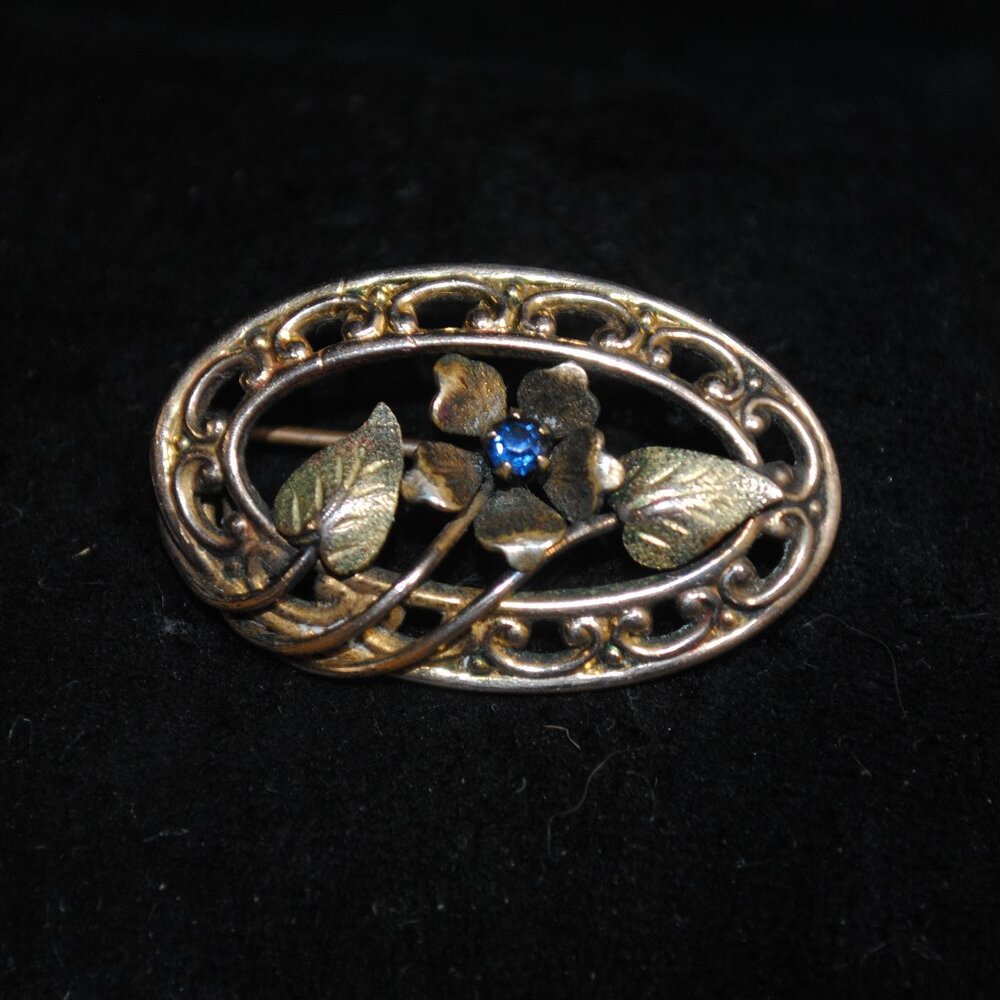 Antique C.T. Oval Flower Brooch with Blue Paste Stone